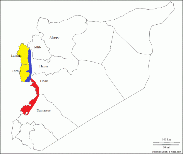 A rough map of the "Alawi State" being carved out by the regime from the summer of 2012. It seems doubtful they ever intended for this "Plan B" as a reality—a retreat from Damascus to the coast—but it helped polarise the minorities and kept a flow of fighters coming from Jibal Ansariya. The yellow shows the Alawi-majority provinces; the blue the rough buffer zone in Idlib, Hama, and Homs; and the red the security corridor used by the regime to get its most loyal Alawi supporters from the coast to defend the capital. 