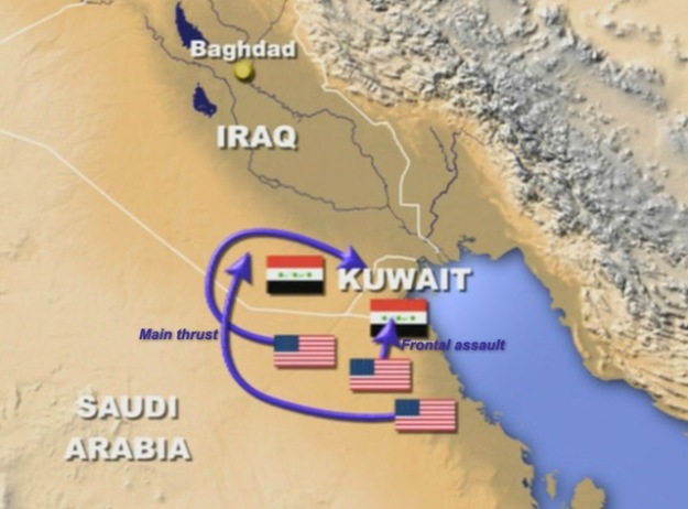The invasion path of Operation Desert Storm, the Allied effort to get Saddam Hussein out of Kuwait. Launched from Saudi Arabia, it tricked the Iraqis with the direct move into western Kuwait, which they were expecting, and the "hook" through the Iraqi desert into northern Kuwait, which they were not.