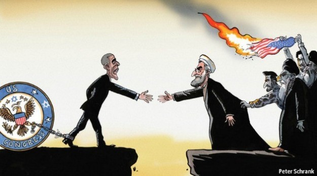 Economist cartoon showing Obama restrained by his hardliners (the Jewish-controlled Congress) and Rowhani restrained by his hardliners