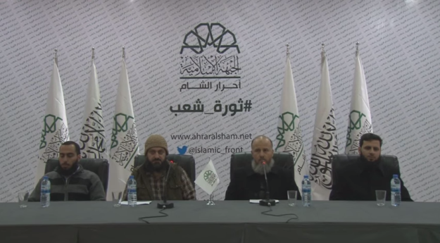 A still  from the video announcing the Ahrar a-Sham-Suqour a-Sham merger