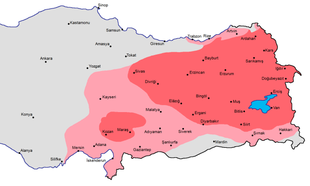Armenian-majority areas (dark pink) and areas with a substantial Armenian population (light pink), 1914