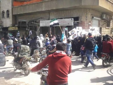Pro-FSA, anti-Jabhat an-Nusra protest in Maarat an-Numan, March 14, 2016.